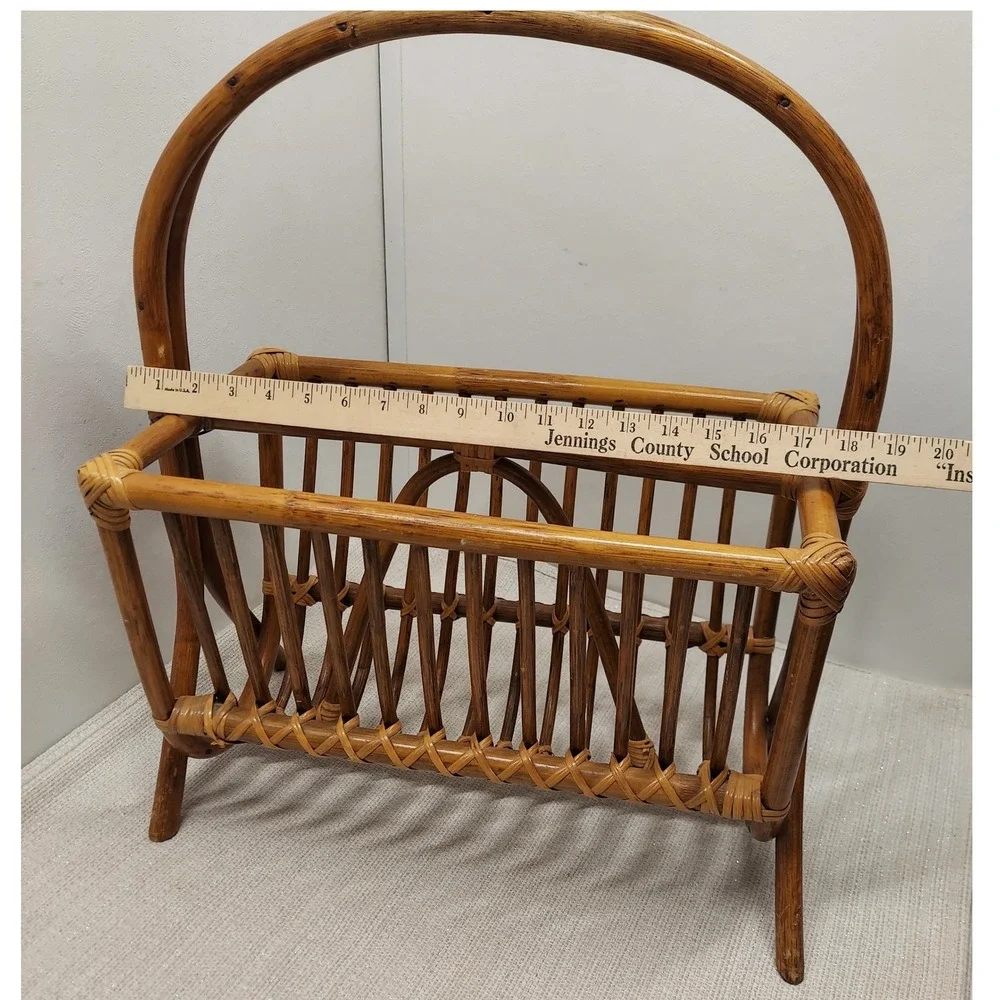 Vintage Rattan Bamboo Magazine Holder Rack Boho Style Basket Mid Century